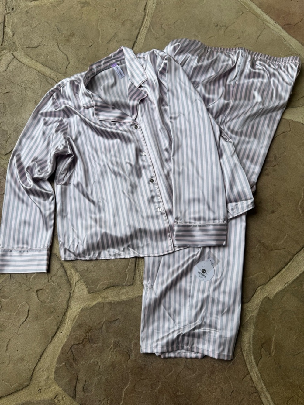 Lilac & London, Silky, Stripe Women's Pajama Set - Light Pink & Gray, Size XL